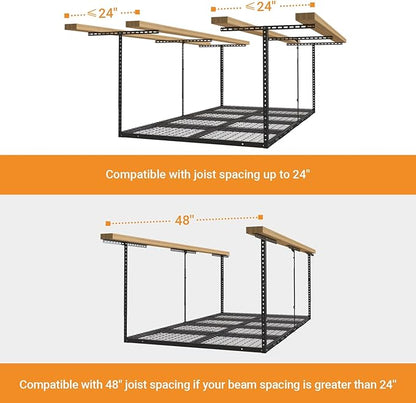 4ftx8ft Overhead Garage Storage Rack, Heavy-Duty Metal Garage Ceiling Storage Rack, 22''-40" Adjustable Ceiling Drop-Down, 600 lb. Loading Weight Capacity, Black
