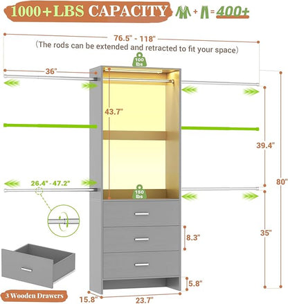 Aheaplus Closet System with Motion-Sensing Light, 3 Wooden Drawers and 4 Hanging Rods, Customizable Walk-in Closet Organizer with 3CCT LED, Heavy Duty Garment Rack for Bedroom,Grey
