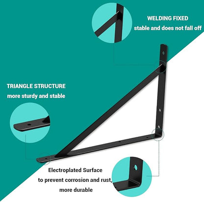 HOME MASTER HARDWARE 16x10 inch Heavy Duty Shelf Brackets, Black Metal Wall Mounted Supports for Shelves, L Shaped Shelf Angle Bracket for Floating Shelves, 4 Pack