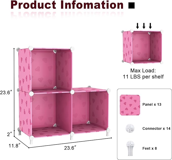 UNKU Cube Storage Organizer, 3 Cube Closet Organizer Storage Shelves, DIY Stackable Bookcase, Clothes Organizer Shelf for Closet, Bedroom, Living Room, Cabinet, Home, Office, Pink