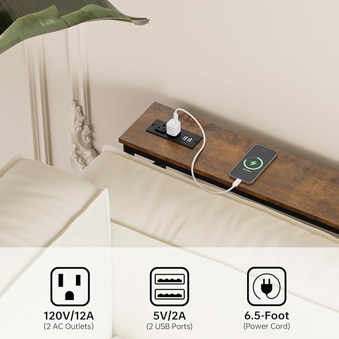 Aduanbang 5.9" Console Table with Outlet – Narrow Sofa Table, Behind Couch Table for Living Room & Hallway, 5.9" x 39.4" x 30", Metal Frame, Rustic Brown