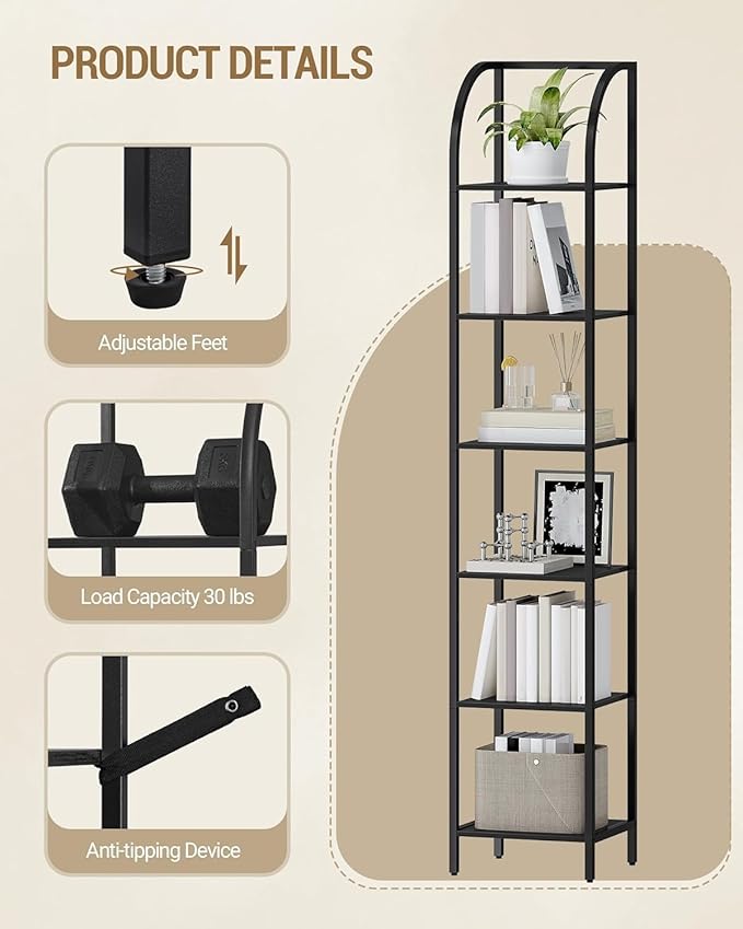 Bookshelf Narrow Bookcase, Tall Storage Rack with Steel Frame, Display Standing Shelf Unit, Skinny Book Shelf for Study Living Room Home Office, Industrial Style, 6-Tier Black BC56004B