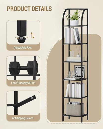 Bookshelf Narrow Bookcase, Tall Storage Rack with Steel Frame, Display Standing Shelf Unit, Skinny Book Shelf for Study Living Room Home Office, Industrial Style, 6-Tier Black BC56004B
