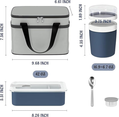 Stainless Steel Bento Lunch Box Set for Adult - 42oz Leak-Proof Bento Lunch Box Container with Thermo, Insulated Bag for Work Travel Dining Out