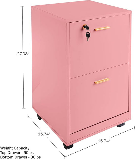 Lavish Home 2 Drawer File Cabinet - Filing Cabinet with Lock - Rolling File Cabinet for Under Desk Storage - Wood Filing Cabinet for Home or Office Organization (Pink)