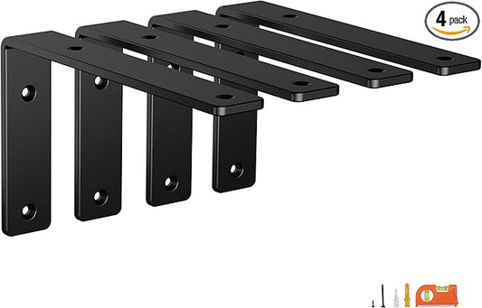 4-Pack 6 Inch Heavy Duty Shelf Brackets, Premium Floating L Bracket for Wall, Kitchen, Mantel Shelves Support | Quarter Inch (1/4") Thick | Black Powder Coated Steel