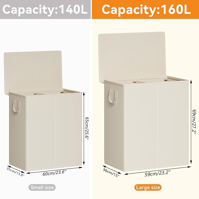 Chrislley 160L Laundry Hamper 2 Section, Double Laundry Basket with Lid, Large Dirty Clothes Hamper with Removable Liner Bags, Collapsible Laundry Organizer for Bedroom, Dorm,Beige