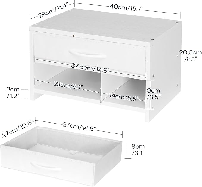HOOBRO Desktop Printer Stand, Printer Stand Shelf Organizer with Drawer, Wooden Under Desk Printer Table, Storage Shelf, for Home Office White WT08PS01