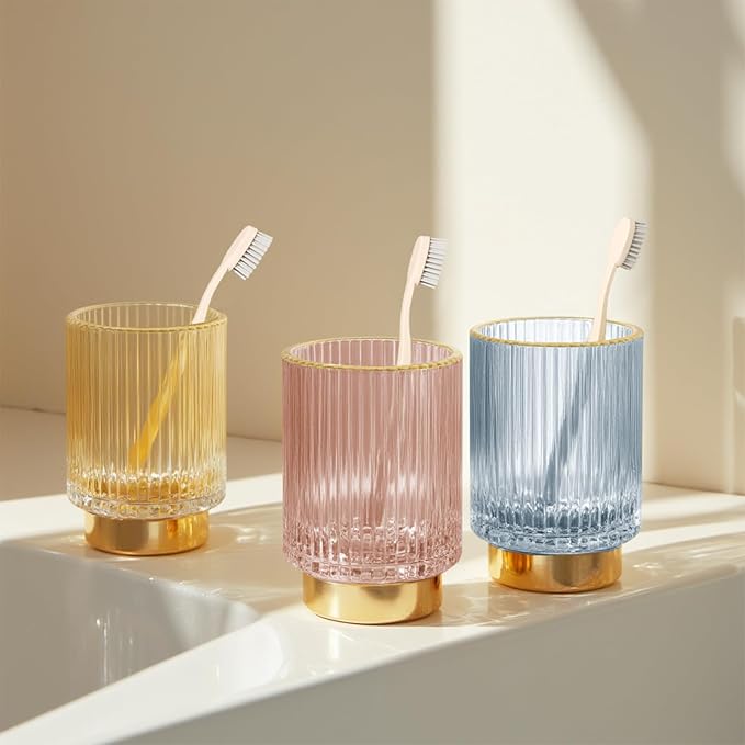 Makeup Brush holder Organizer, Crystal Glass Toothbrush Holders, Striped Make Up Brush Holder for Vanity, Pen Holder for Desk, Vase -Gold (S+L)
