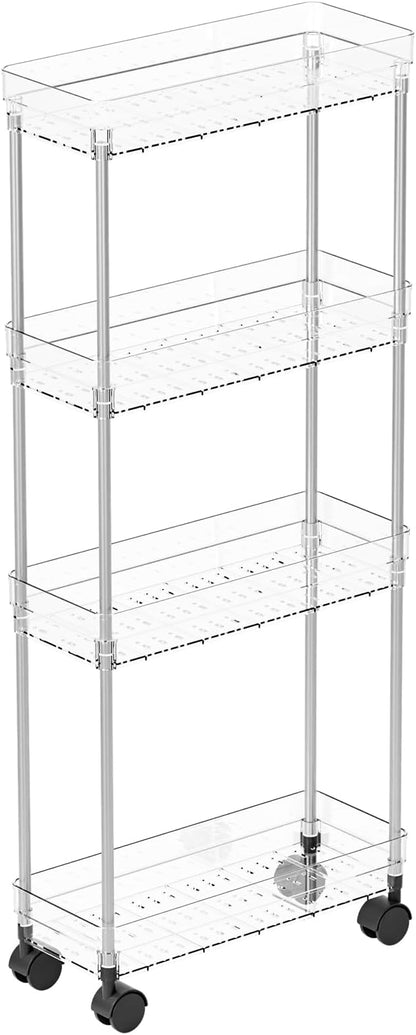 Yieach Clear 4 Tier Slim Rolling Storage Cart with Wheels,6.3″W Thin Shelf,Bathroom Storage Cabinet,Skinny Laundry Cart,Narrow Laundry Room Cart Between Washer and Dryer,Skinny Shelves for Small Space