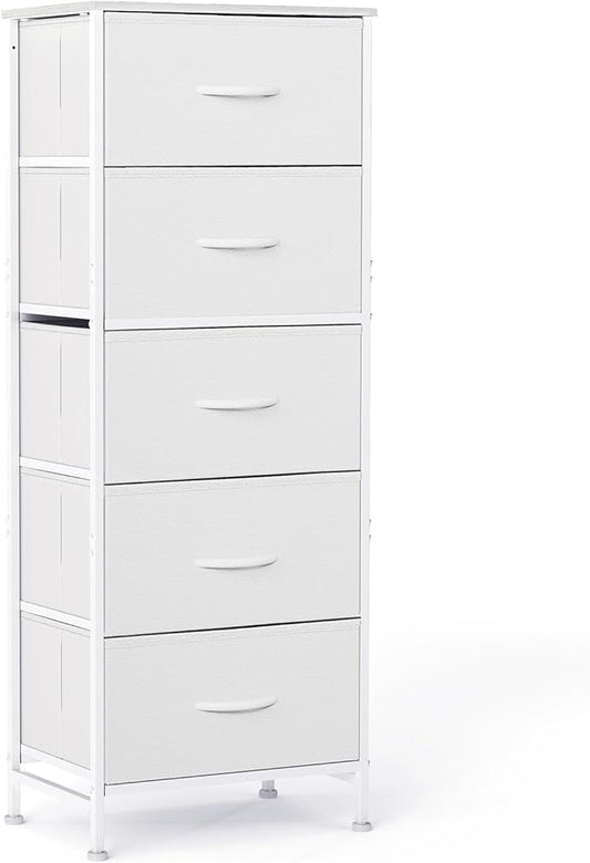 Sweetcrispy 5 Drawer Dresser with Fabric Bins, Sturdy Steel Frame and Wood Top, Storage Organizer Chest for Bedroom, Closet, Hallway, White
