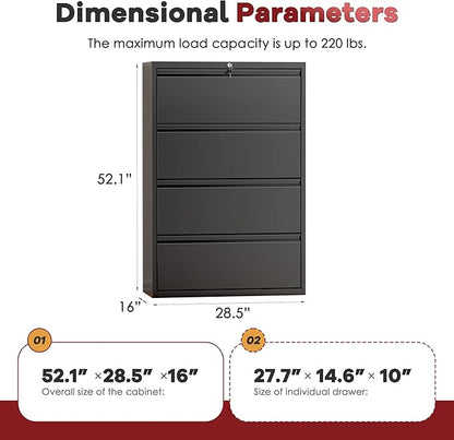 Bonusall File Cabinet, Lateral Filing Cabinet, 4 Drawer Metal File Cabinet with Lock, Lockable Filing Cabinet for Home Office, Hanging Files Letter/Legal/A4/F4 - Black
