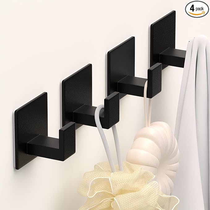 Adhesive Towel Hooks, Shower Hooks for Hanging Robe, Coat, Hat, Loofah, Heavy Duty Wall Hooks Stick on Bathroom, Kitchen and Office (4 Pack, Black)
