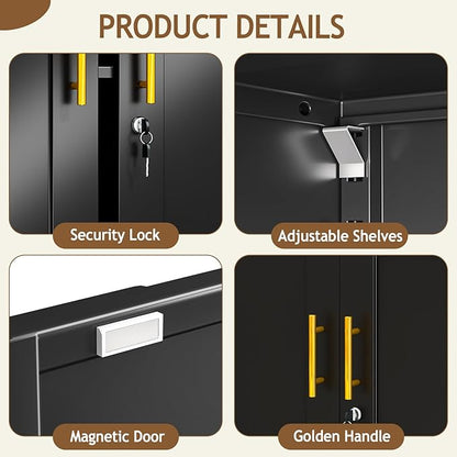 35" Metal Storage Cabinet with Lock and Wheels, Lockable Office File Cabinet with 2 Doors and 2 Adjustable Shelves, Rolling Steel Tool Garage Cabinets for Home Office (Black)