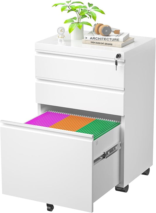 Greenvelly 3-Drawer Mobile File Cabinet with Locking Drawers & Wheels, No Assembly Required White Rolling Metal Filing Cabinet for Home Office, Lockable File Organizer Under Desk or Letter/Legal Files