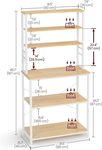 VASAGLE Coffee Bar, 31.5 Inches Baker's Rack for Kitchen with Storage, 6-Tier Kitchen Shelves with 6 Hooks, Microwave Stand, Modern, Golden Oak and Cloud White UKKS019W09