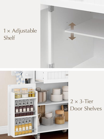 Kitchen Island with Storage, 31.5" D Rolling Kitchen Island Cart on Wheels with Widen Drop Leaf Rubberwood Top, Large Mobile Kitchen Islands with Trash Can Storage and Towel Bar, White