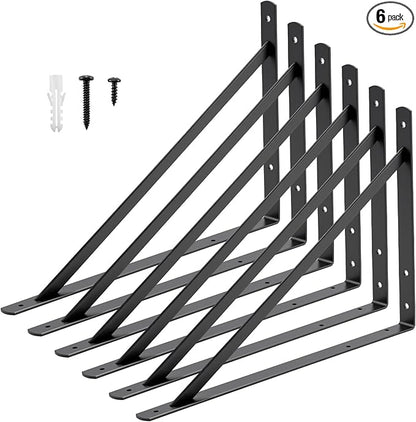 HOME MASTER HARDWARE 20inch x 13 inch Black Heavy Duty Shelf Brackets 6 Pack, Metal L Brackets with Screws - 90 Degree Angle Brackets for Shelves, Floating Shelf & Wall Mounted Shelf Support
