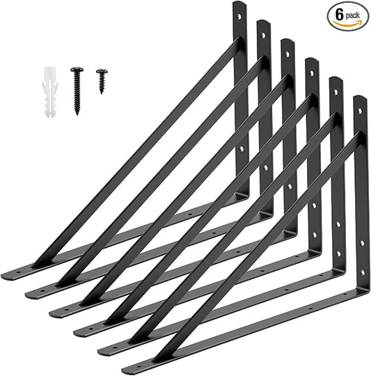 HOME MASTER HARDWARE 20inch x 13 inch Black Heavy Duty Shelf Brackets 6 Pack, Metal L Brackets with Screws - 90 Degree Angle Brackets for Shelves, Floating Shelf & Wall Mounted Shelf Support