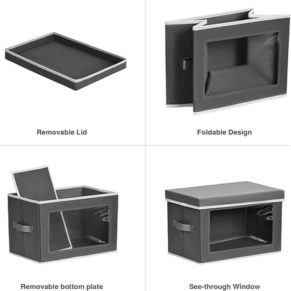 Stackable Storage Bins with Lids - Medium Storage Box with Lids, Foldable Closet Boxes for Organizing, Wardrobe Clothes Organizer with Window, Cubes Bins for Living Room, 4 Pack, Dark Grey