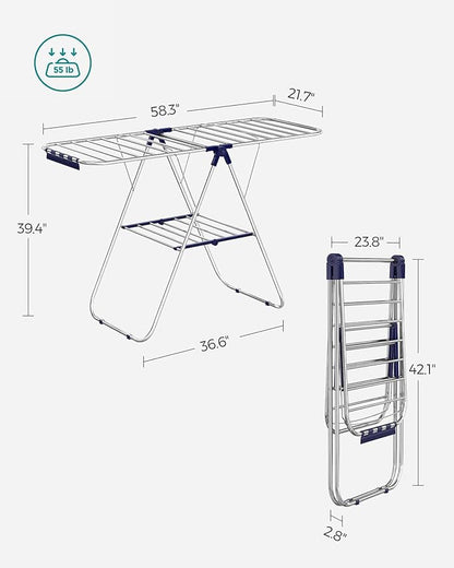 SONGMICS Clothes Drying Rack, with Sock Clips, Metal Laundry Rack, Foldable, Space-Saving, Free-Standing Airer, with 2 Height-Adjustable Gullwings, Indoor Outdoor Use, Silver and Blue ULLR52BU