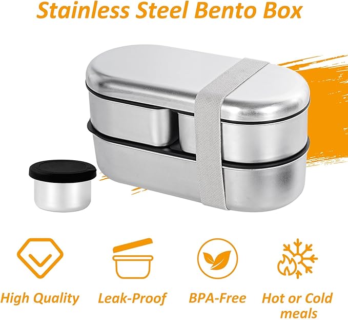 Stainless Steel Bento Box, Stackable & Leakproof Lunch Box, 3 Compartment Food Storage Containers，Microwave/Dishwasher Safe Bento Lunch Box for Work/Travel