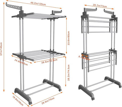Bigzzia 3 Tier Clothes Drying Rack, 57 Inch Laundry Drying Rack, Foldable Stainless Steel Kids Clothing Rack, Movable Laundry Rack for Indoor Outdoor - Grey