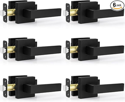 Estmoon 6 Pack Door Handles Matte Black - Passage Door Knobs Interior Square Door Levers, Heavy Duty Non-Locking Leversets Hall Closet Handles, Reversible for Right & Left Sided Doors