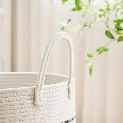 VIPOSCO Large Laundry Hamper, Tall Woven Rope Storage Basket for Blanket, Toys, Dirty Clothes in Living Room, Bathroom, Bedroom - 100L Stripe White