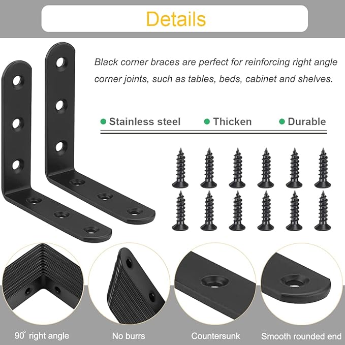 10Pcs Black L Bracket Corner Braces 4 Inch Stainless Steel Heavy Duty Shelf Bracket for Wood, Shelves, Wall Hanging Support 90 Degree Joint Right Angle Brackets with Screws