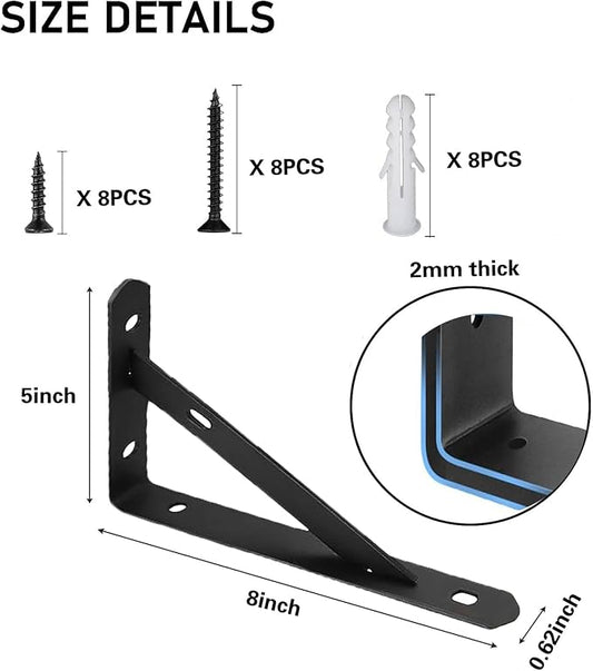4 Pack Heavy Duty Shelf Brackets,5 in X 8 in Metal L Wall Mount Brackets for Floating Shelf,90 Degree Triangle Iron Supports for Shelves,Black