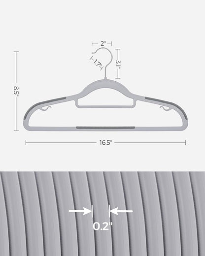 SONGMICS Pack of 50 Coat Hangers, Space-Saving Plastic Clothes Hangers, Non-Slip, 0.2 Inches Slim, 16.5 Inches Wide, 360° Swivel Silver Hook, Light Gray and Dark Gray UCRP20G50