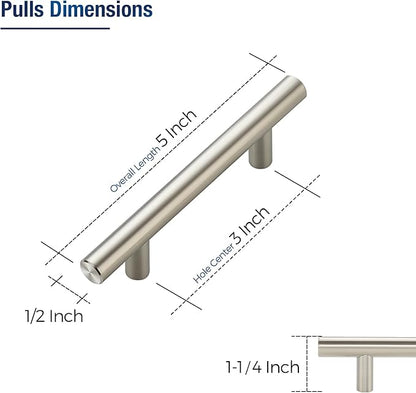 JOY DECOR 45 Pack Cabinet Handles, Brushed Nickel Cabinet Pulls, 3 in Hole Center Kitchen Cabinet Handles, Stainless Steel T Bar Handles for Dresser Drawers