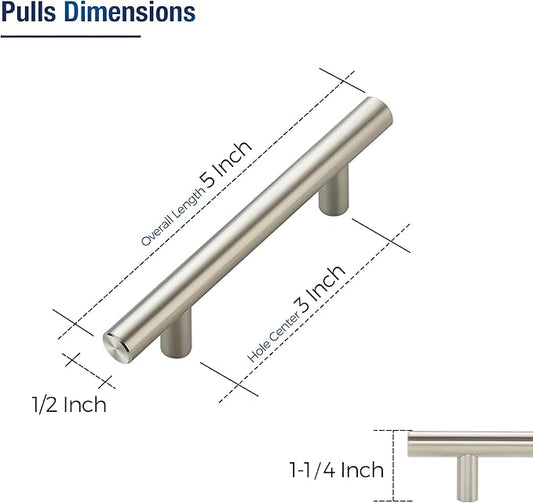 JOY DECOR 30 Pack Cabinet Handles, Brushed Nickel Cabinet Pulls, 3 in Hole Center Kitchen Cabinet Handles, Stainless Steel T Bar Handles for Dresser Drawers