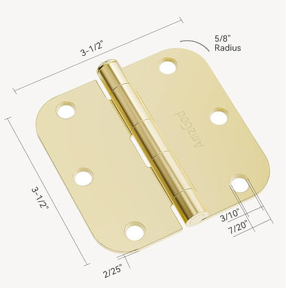 Door Hinges Polished Brass - 12 Pack Gold Door Hinges 3.5 Inch Rounded Interior Door Hinge with 5/8" Radius - 3 1/2 Inches Flat Iron Brass Hinges for Residential Standard Doors