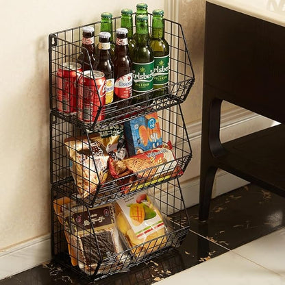 3 Tier Hanging Foldable Wire Baskets Closet Organizer Clothes Shelves Countertop Caddy Bin Wall Mount Shelf Wire Storage Basket Bins for Clothing Handbags Snacks Drinks Fruits L