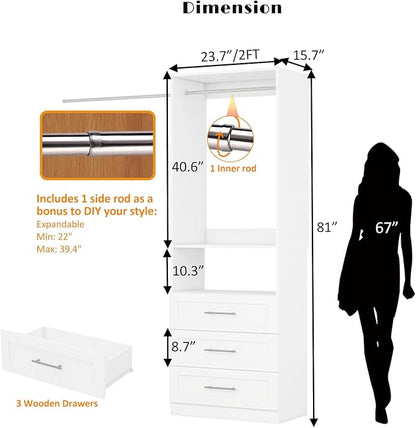 Closet System with Drawers, 2FT Closet Organizer System 23.7" Wood Walk-in Closet Shelf Corner Small Closets Storage System with Hanging Rods Modular White (2FT)