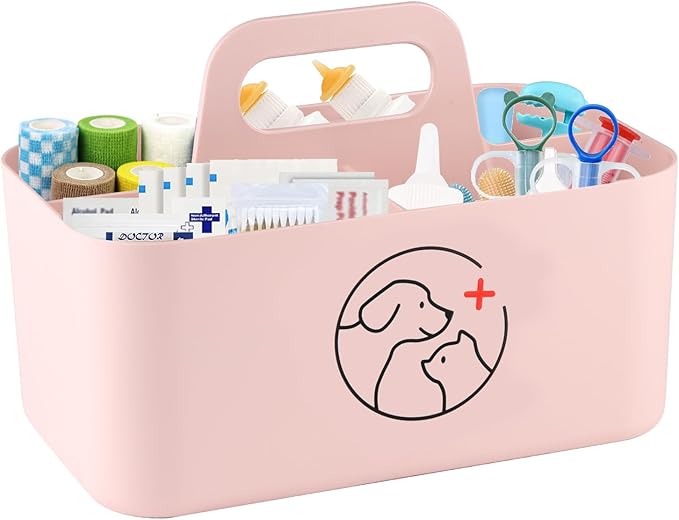 Dog Storage Organizer for Nursing Supplies,Portable Caddy for Pet Stuff,Divided Storage Bin for Dog Cat Feeding Bottle/Pet Pill Shooter/Whelping Kit-Bathroom,Countertop Storage-Pink