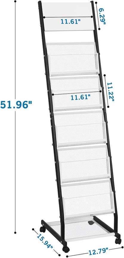 Floor Standing Magazine Holder with 5 Pockets, Journals, Brochure & Literature Display Holder for Trade Shows, Exhibitions, Office, and Shopping Malls, Black