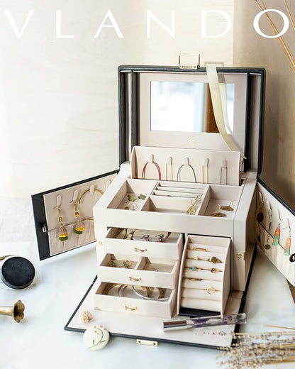 Vlando Jewelry Box Organizer for Girls Women, Large Baroque Jewelry Holder Organizer with Mirror, 3 Drawers for Bracelets, Earrings, Rings, Necklaces, Mothers Day Gifts for Loved One, Black