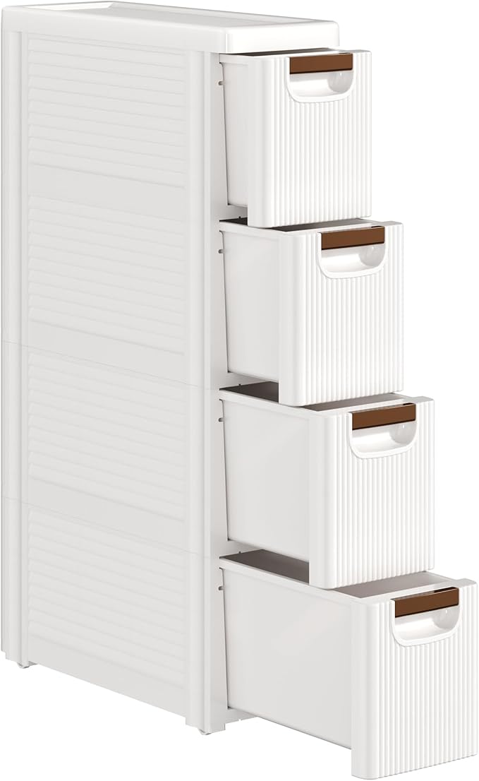 VECELO 4-Drawer Narrow Bathroom Storage Cabinet, Mobile Plastic Slim Rolling Organizer Cart with Built-in 4 Wheels for Living Room, Kitchen, Bathroom, Bedroom, Office, White(16.5" x 7.5" x 28.9")