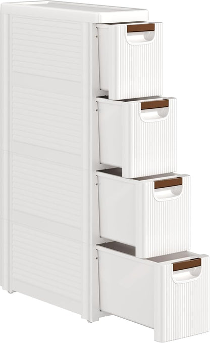 VECELO 4-Drawer Narrow Bathroom Storage Cabinet, Mobile Plastic Slim Rolling Organizer Cart with Built-in 4 Wheels for Living Room, Kitchen, Bathroom, Bedroom, Office, White(16.5" x 7.5" x 28.9")
