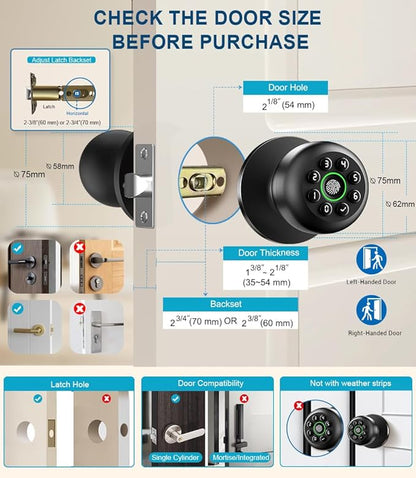Fingerprint Door Lock, Smart Fingerprint Door Knob with Keypad, Biometric Door Lock with App Control, Auto Lock Door Lock with Code, Keyless Door Knob with Lock for Bedroom, Home,Office-Matte Black