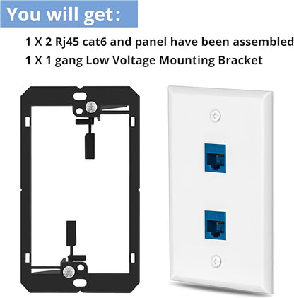 1 Pairs Ethernet Wall Plate Cat6 2 Port Keystone Jack Wall Plate with RJ45 Coupler Outlet Connector and Single Gang Low Voltage Mounting Bracket
