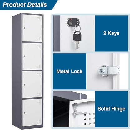 Metal Locker Cabinet with 4 Doors, 71" Storage for Employees, 4 Tier Steel Locker with Lock and Keys for School, Gym, Home, Office Staff (Grey White)