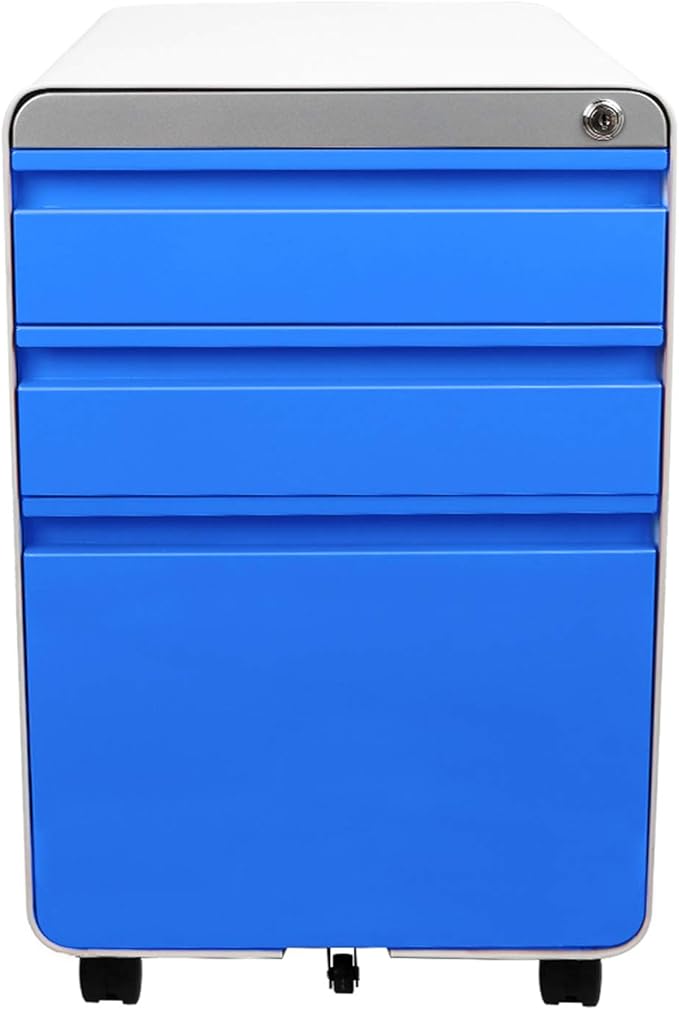 Dripex 3 Drawer File Cabinet, Metal Filing Cabinets with Lock Wheels & Hanging Rail for A4/Legal/Letter File, Anti-tilt Under Desk Design, Lockable Rolling Mobile File Cabinet for Home Office (Blue)