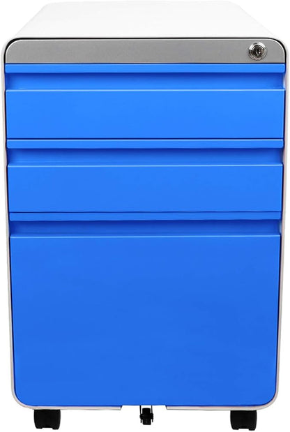 Dripex 3 Drawer File Cabinet, Metal Filing Cabinets with Lock Wheels & Hanging Rail for A4/Legal/Letter File, Anti-tilt Under Desk Design, Lockable Rolling Mobile File Cabinet for Home Office (Blue)