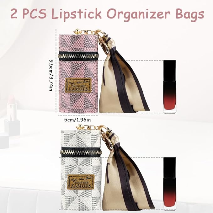 2 PCS Lipstick Organizer, Leather Lip Gloss Bag with Keychain, Portable Mini Lipstick Case for Lip Gloss, Purse,Mini Perfume