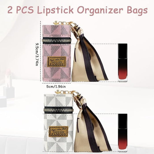 2 PCS Lipstick Organizer, Leather Lip Gloss Bag with Keychain, Portable Mini Lipstick Case for Lip Gloss, Purse,Mini Perfume
