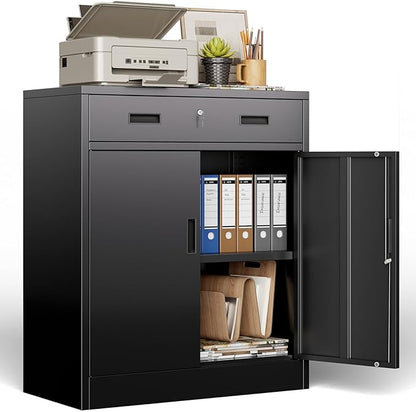 BESFUR Metal Storage Cabinet, Garage Storage Cabinet with One Drawer and Adjustable Shelf, Locking Short Storage Cabinet for Office Garage Home, Black Metal Cabinets(36" H x 27.5" W x 16" D)